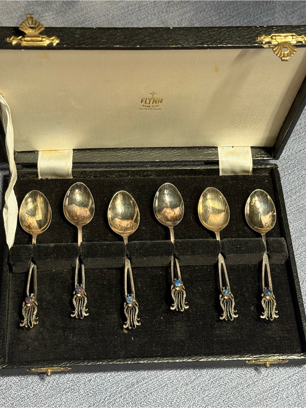 Vintage Flynn Kyneton Sterling Silver Lyrebird Opal Spoons Set of 6 w/ Case